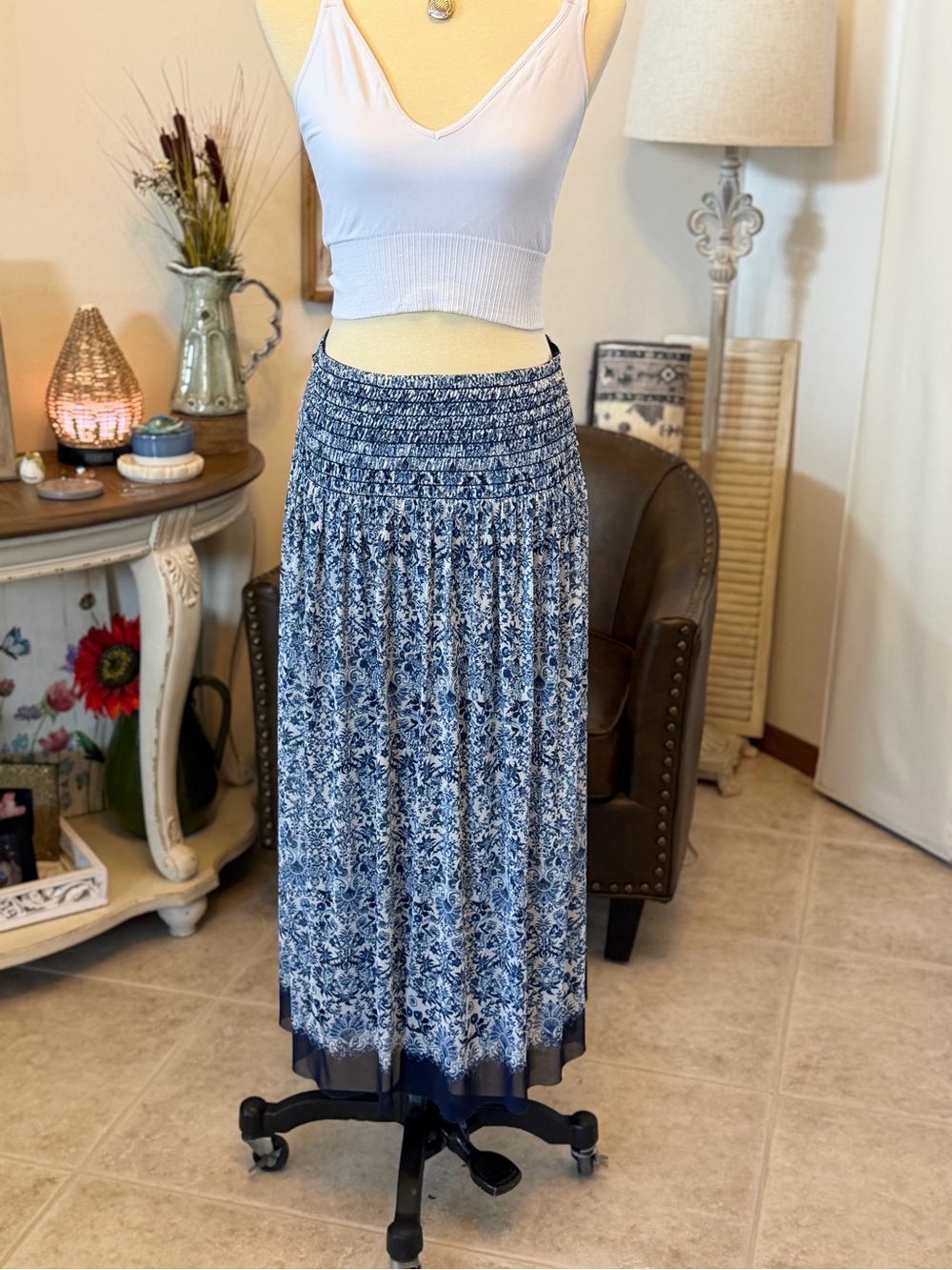 Max Studio Blue and White Floral Smocked Maxi Skirt